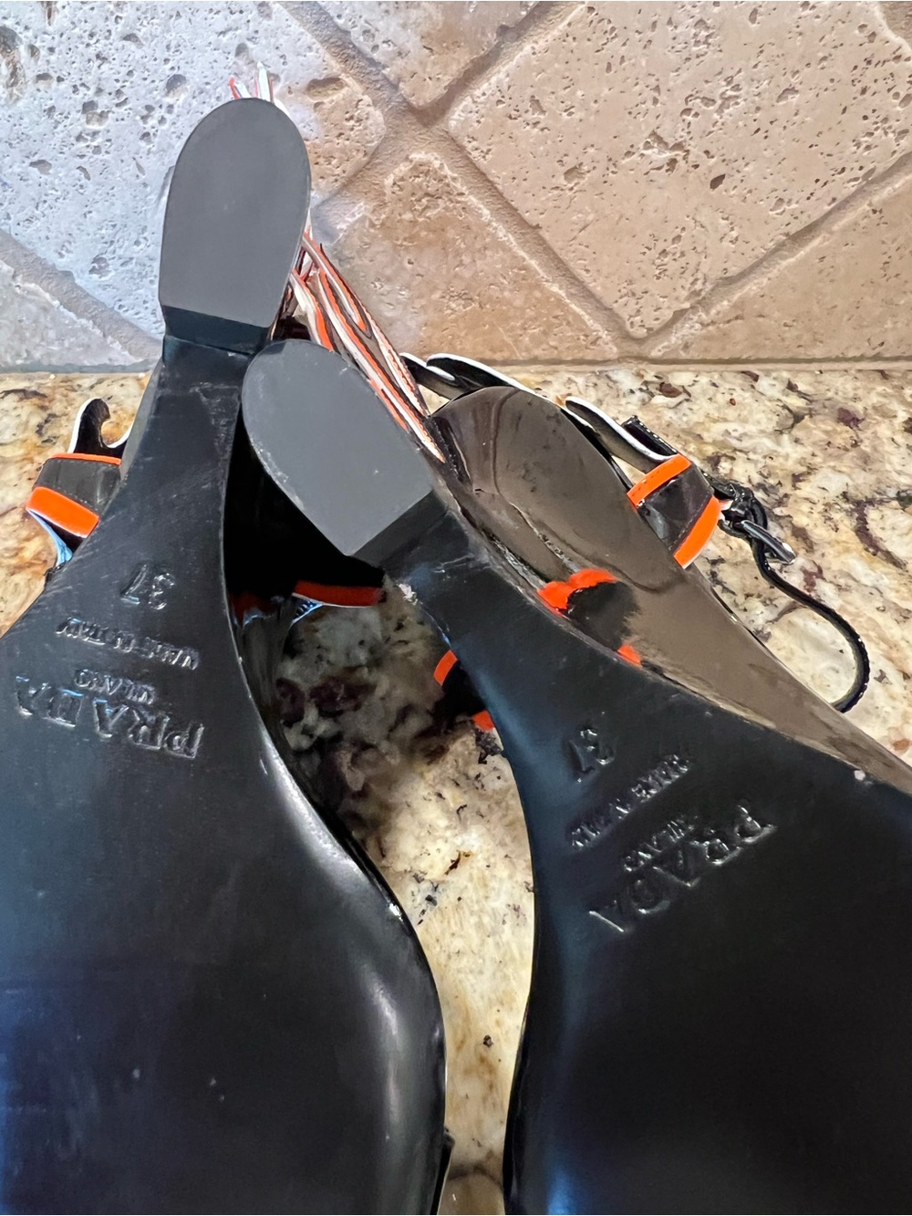 Prada 2018 Flame Detail Black Patent Leather Wedge Sandals w/ Orange Flame - Picture 12 of 14